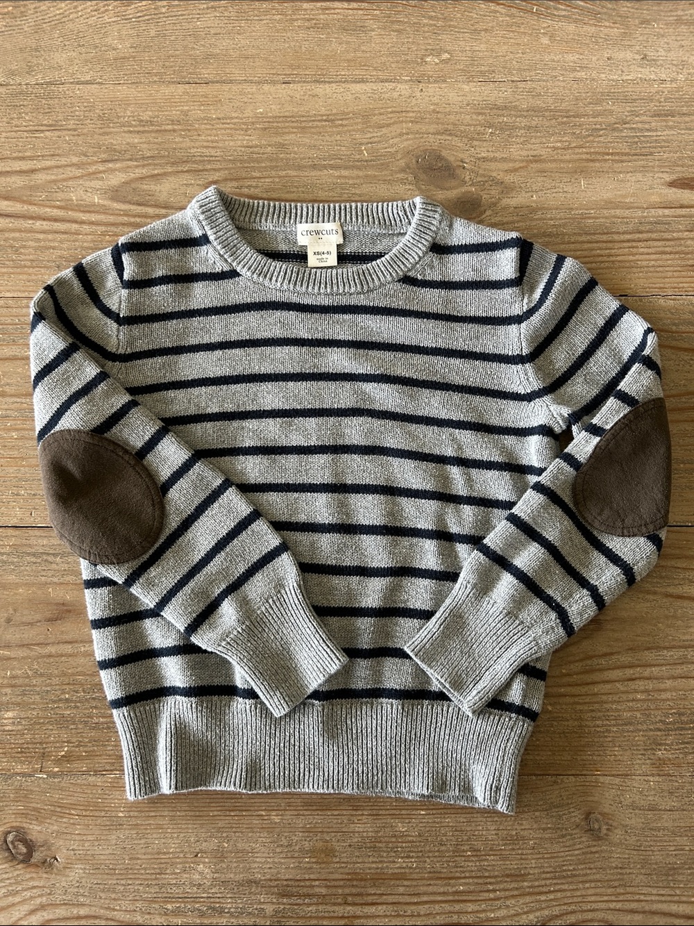Crewcuts Gray & Navy Striped Crewneck Sweater with Brown Elbow Patches